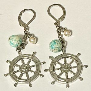 Nautical Boat Wheel Helm Earrings Silver Plated Aqua Stone Leverback USA Made